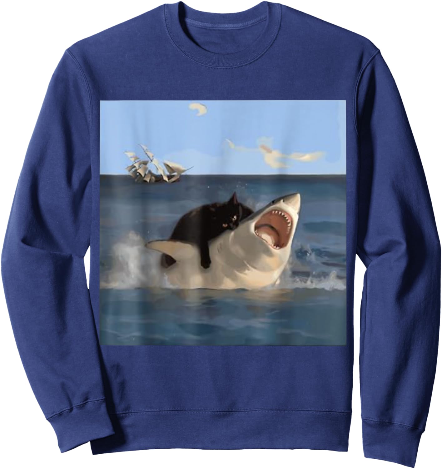 Cat Biting Shark Funny Sweatshirt - Sweatshirt | Navy