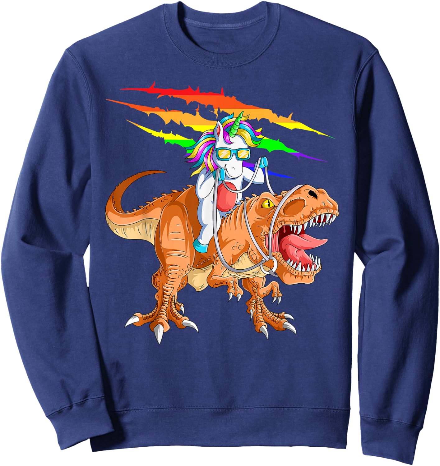 Unicorn Riding T-Rex Dinosaur For Kids Boys Girls Men Women Sweatshirt - Sweatshirt | Navy