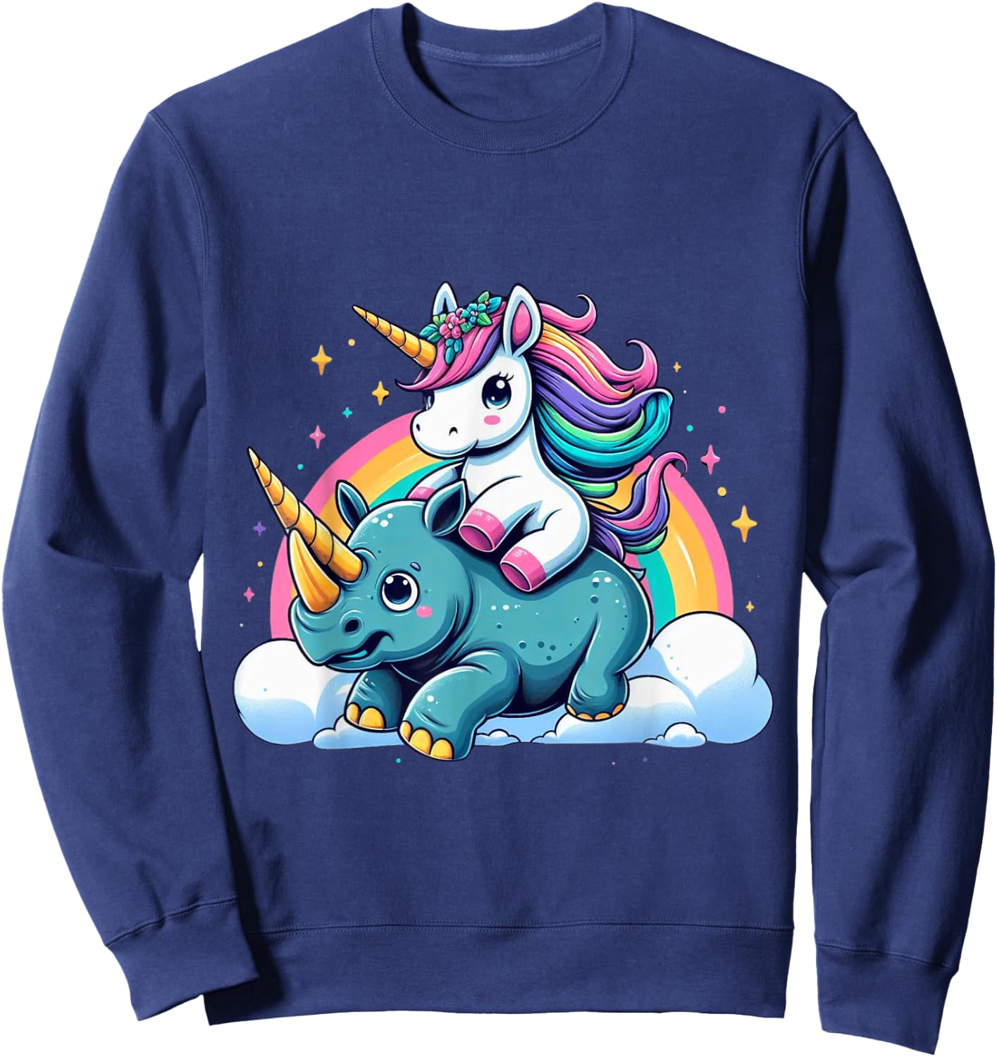 Unicorn Riding Rhino Boys Girls Men Women Kids Rainbow Sweatshirt - Sweatshirt | Navy