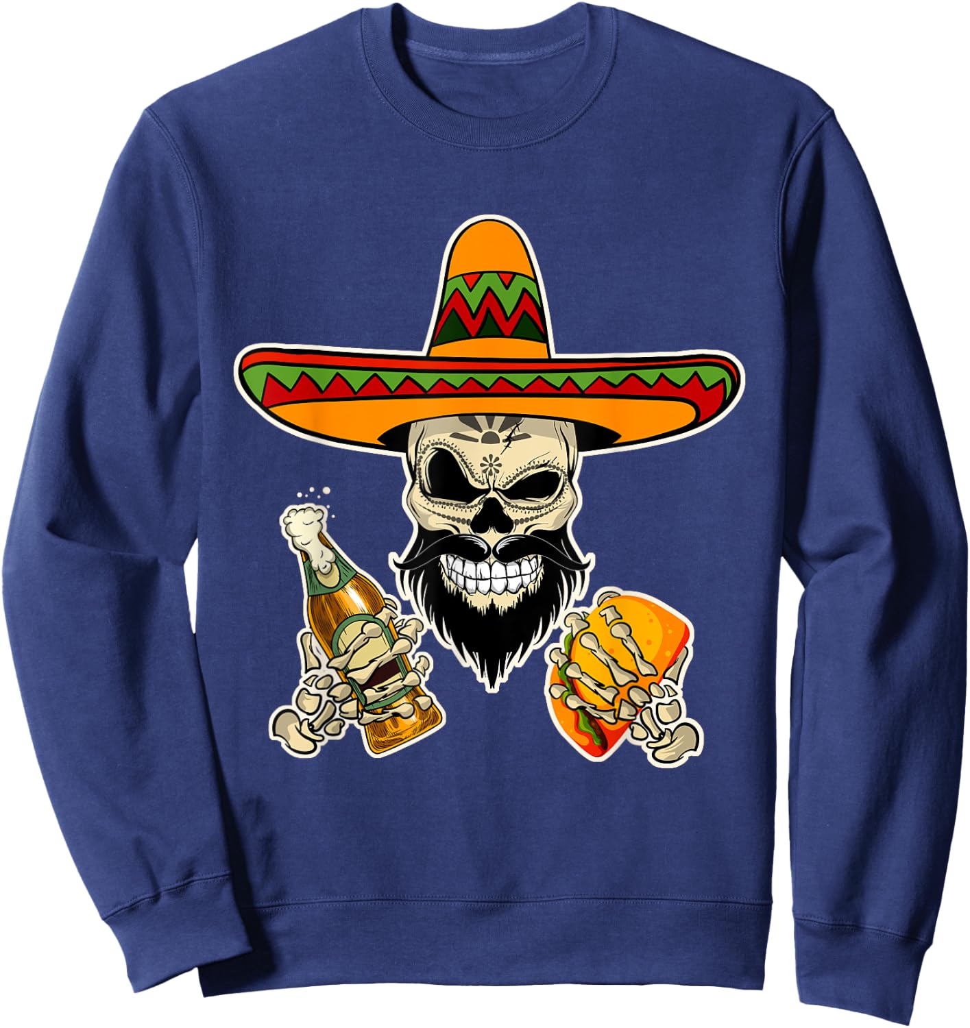 Mexican Sugar Skull with Tacos and Beer Funny Sweatshirt - Sweatshirt | Navy