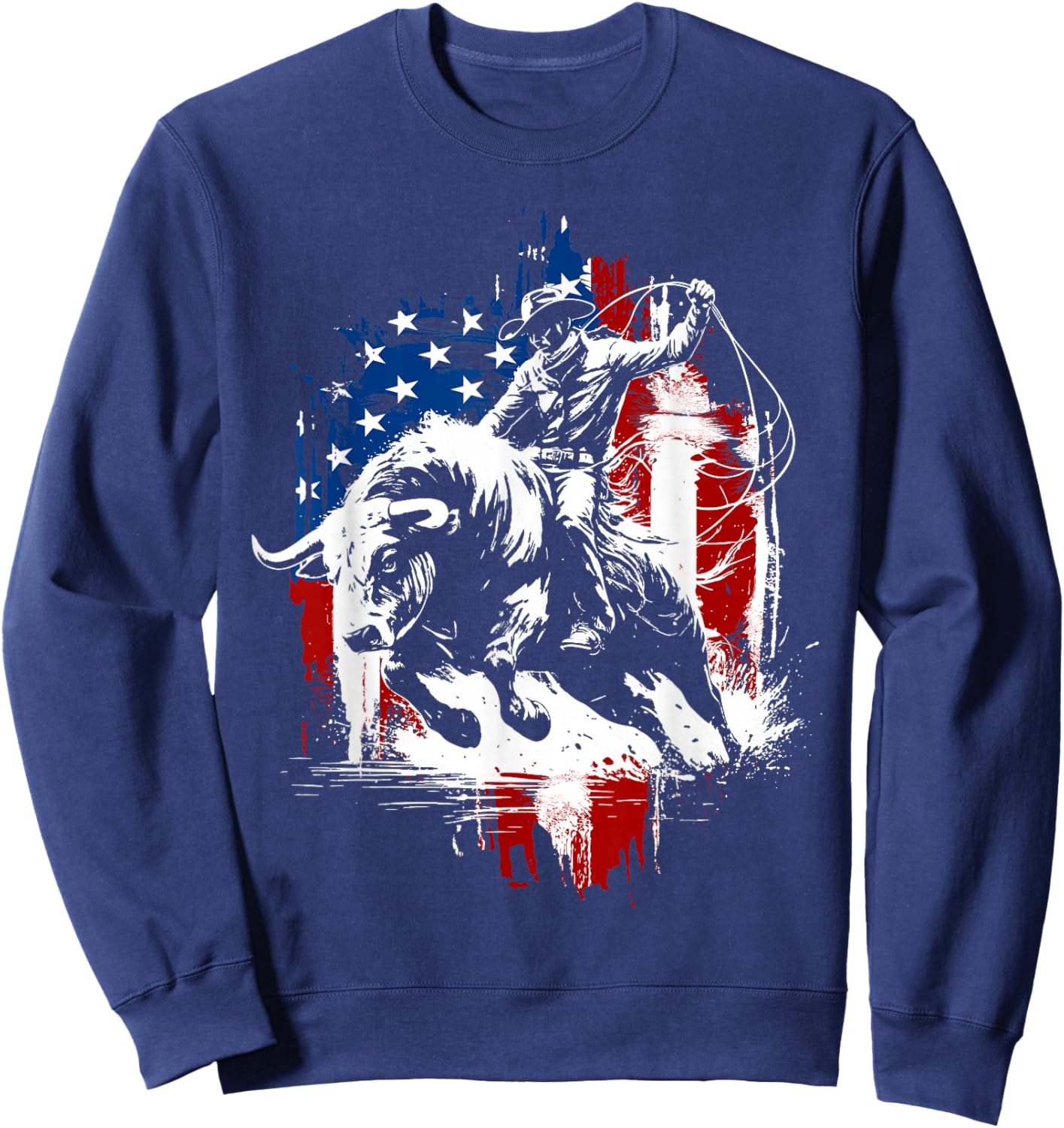 4th of July Funny Bulls Riding Western Cowboy Rodeo USA Flag Sweatshirt - Sweatshirt | Navy