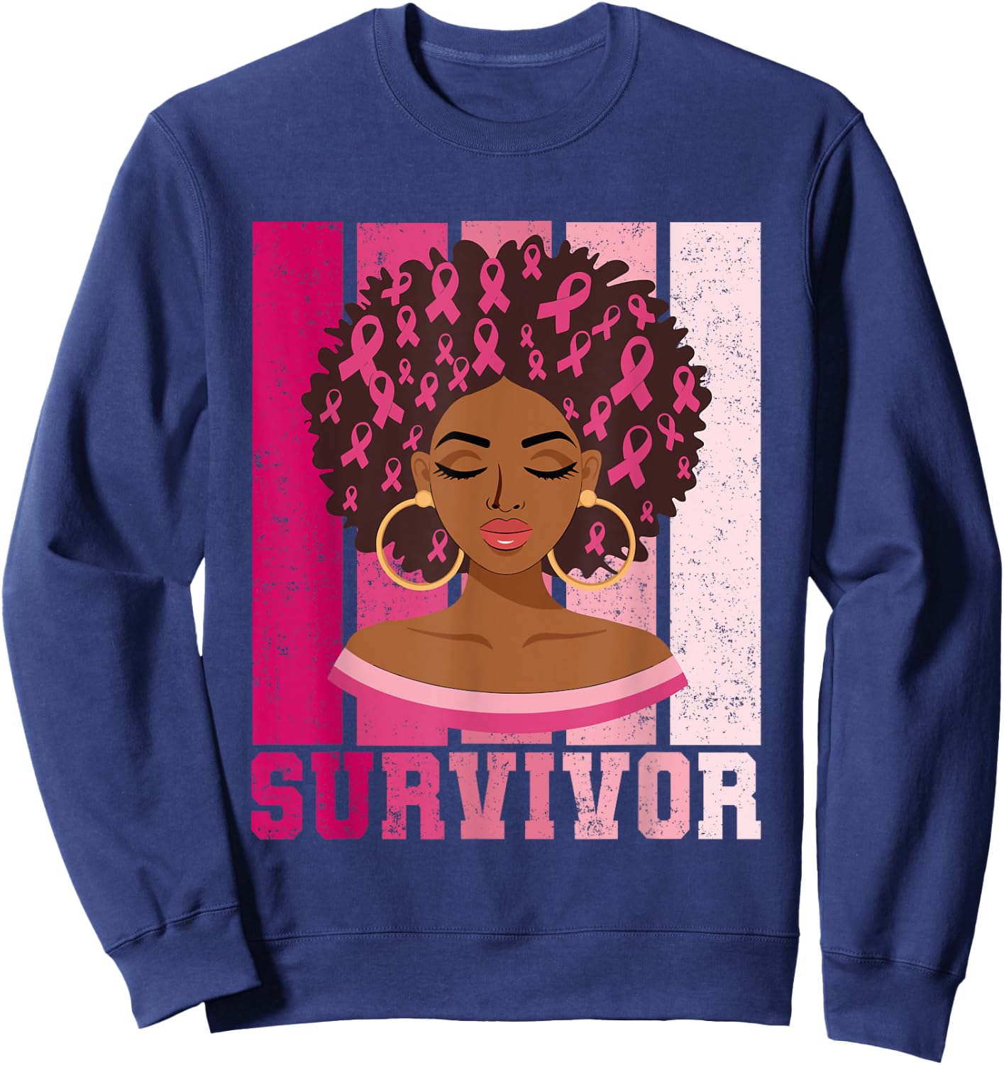 Black Woman Pink Ribbon October Breast Cancer Survivor Sweatshirt - Sweatshirt | Navy