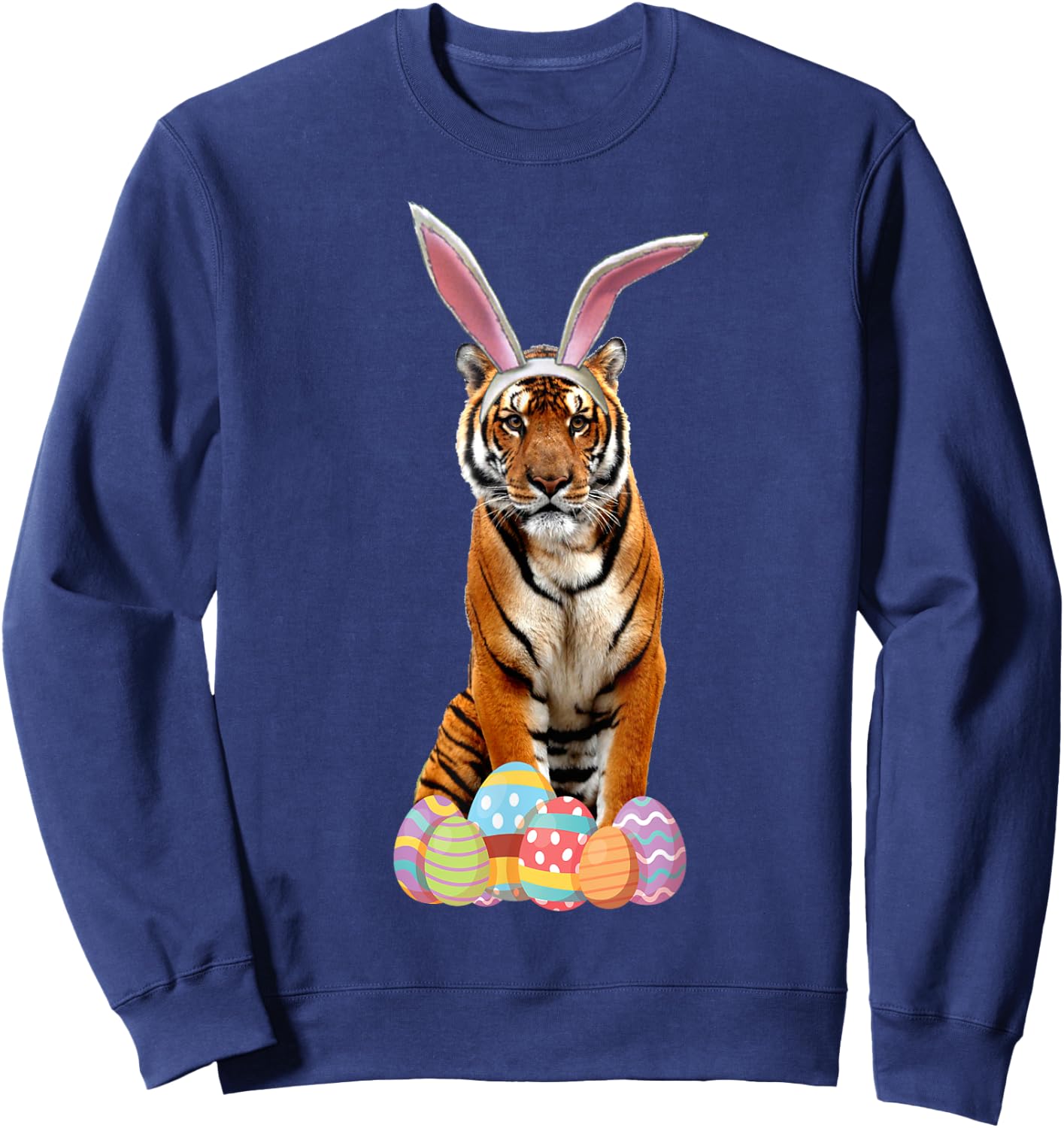 Easter Shirt Tiger Funny Bunny Ears & Eggs Tiger Gift Sweatshirt - Sweatshirt | Navy