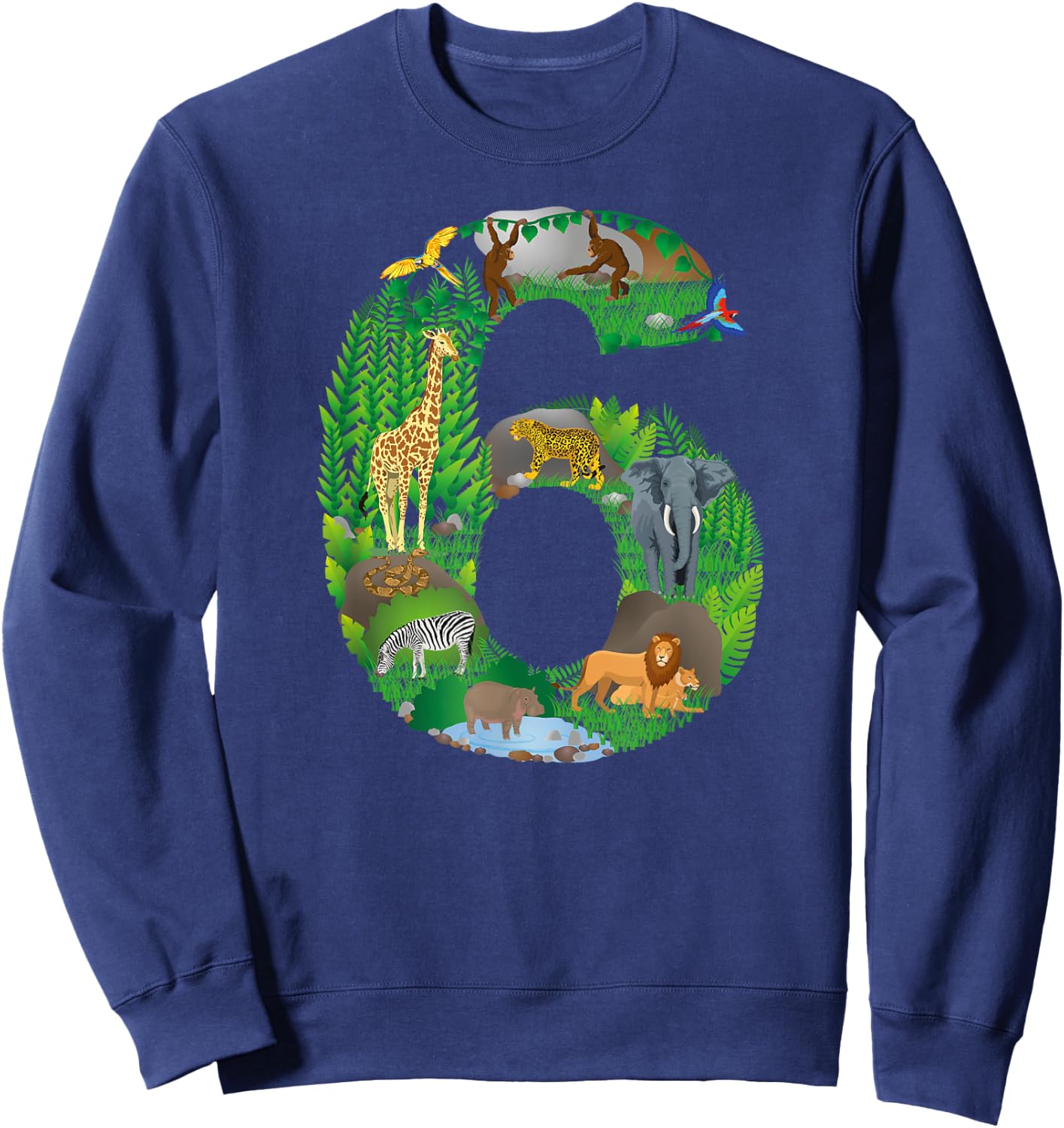 Safari Jungle Zoo animals Sixth Birthday number 6 Sweatshirt - Sweatshirt | Navy