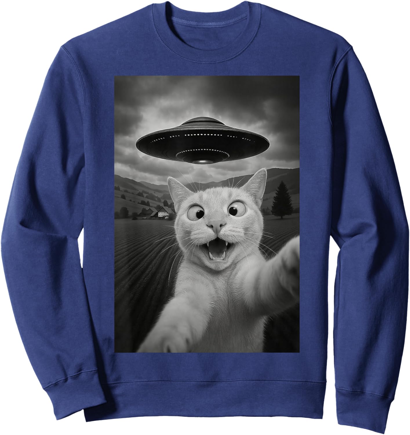 Cat Selfie UFO Graphic Funny Men Women Kids Funny Cat Shirts Sweatshirt - Sweatshirt | Navy