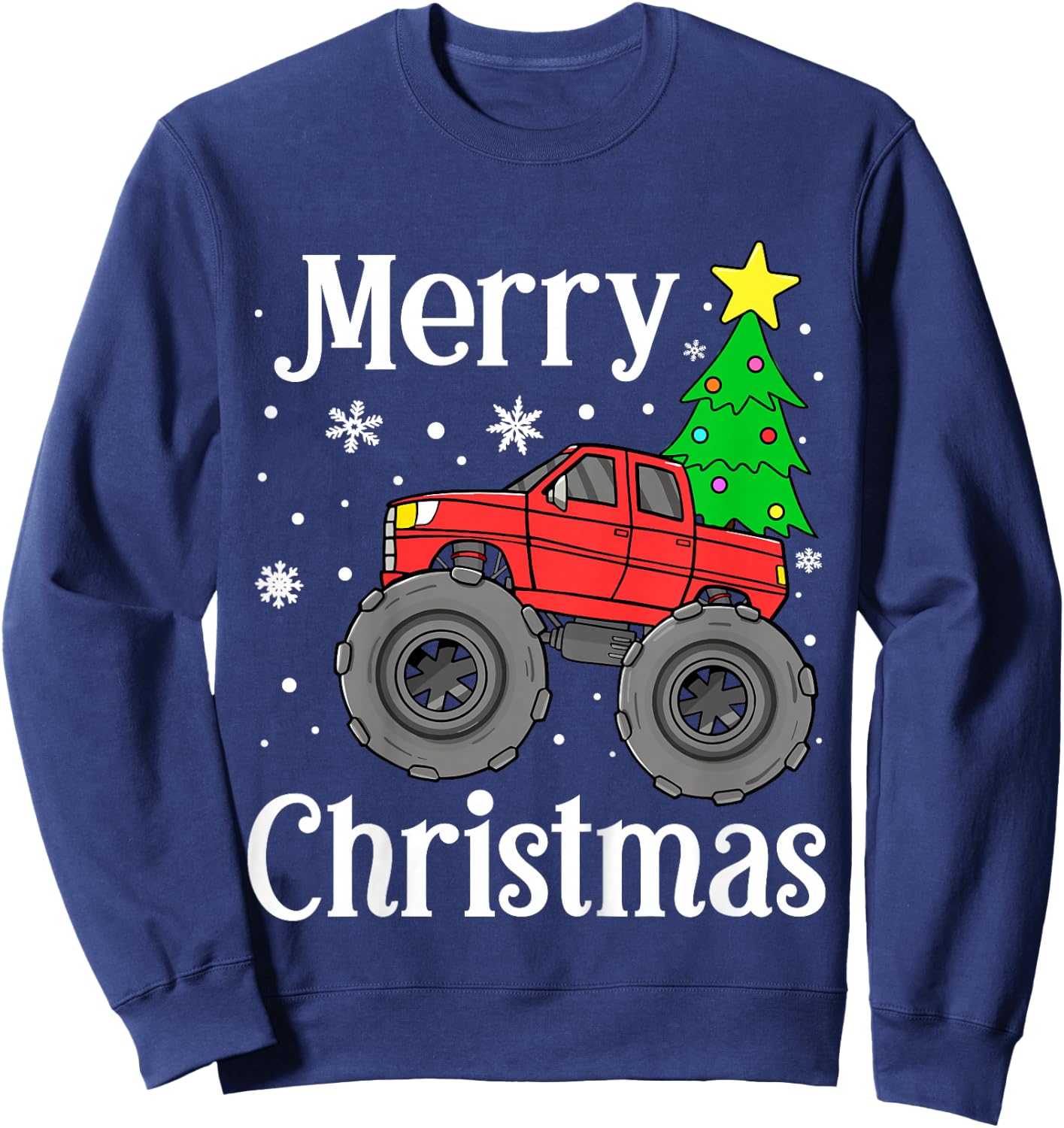 Kids Boys Monster Truck Merry Christmas Tree Snowflakes Toddler Sweatshirt - Sweatshirt | Navy