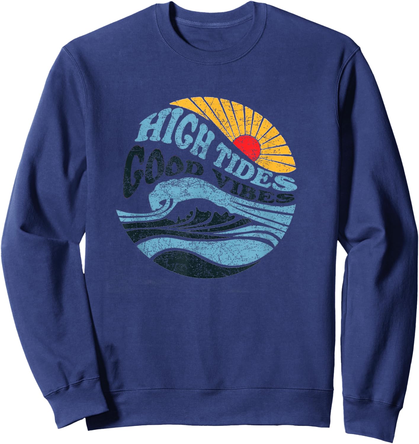 High Tides Good Vibes - Vintage Wave and Palm Tree Sweatshirt - Sweatshirt | Navy