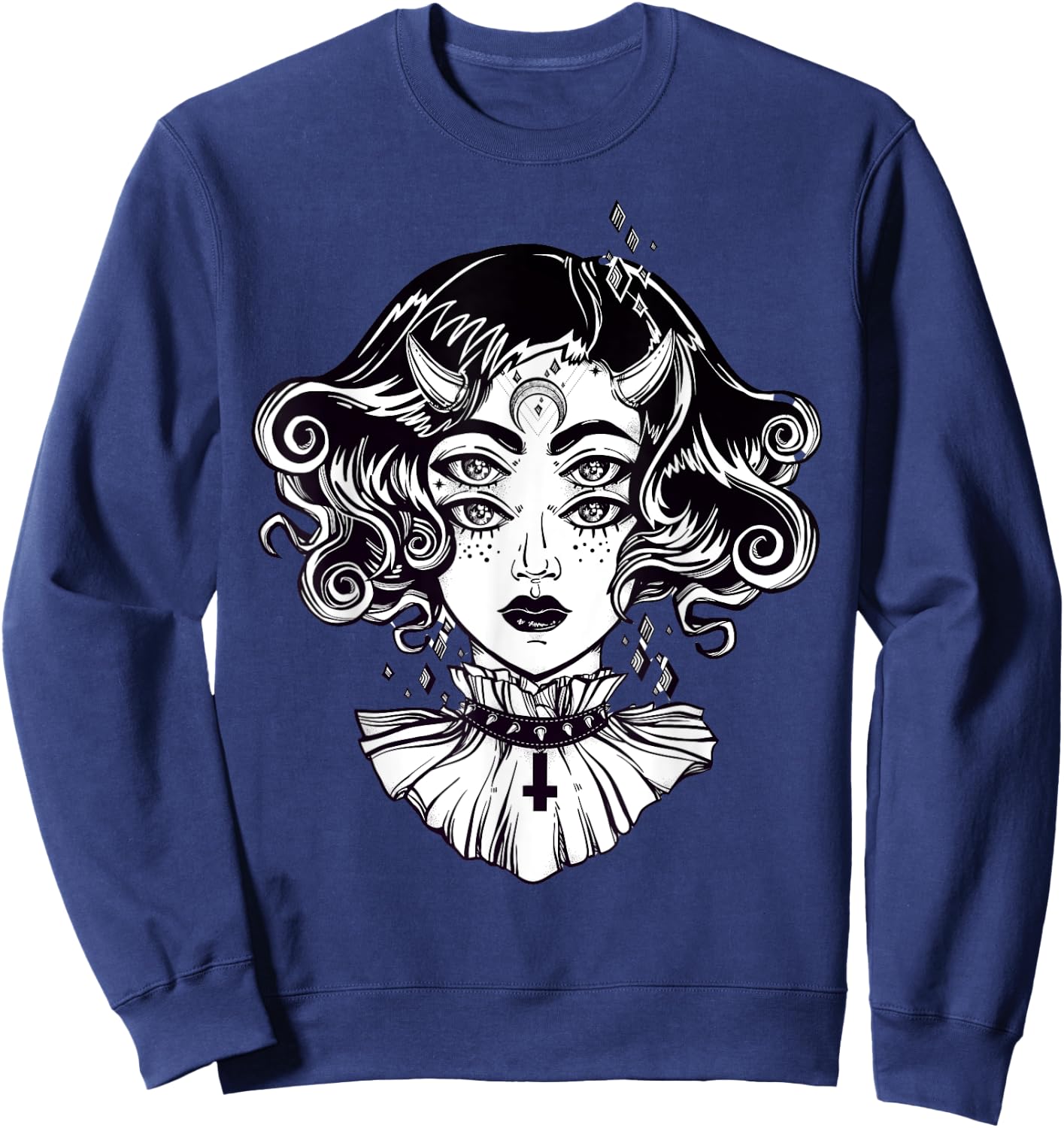 Horned Devil Girl - Satanic Halloween Glitch Goth Sweatshirt - Sweatshirt | Navy