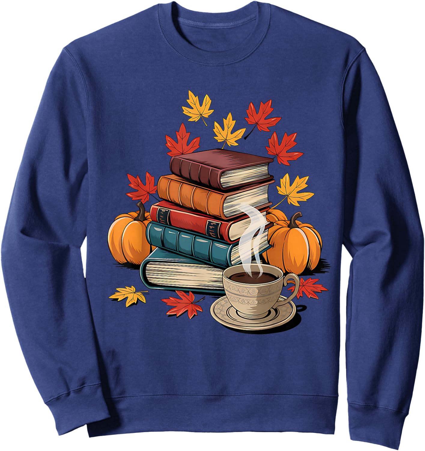 Vintage Books Tea Lovers Fall Autumn Leaves and Pumpkins Sweatshirt - Sweatshirt | Navy