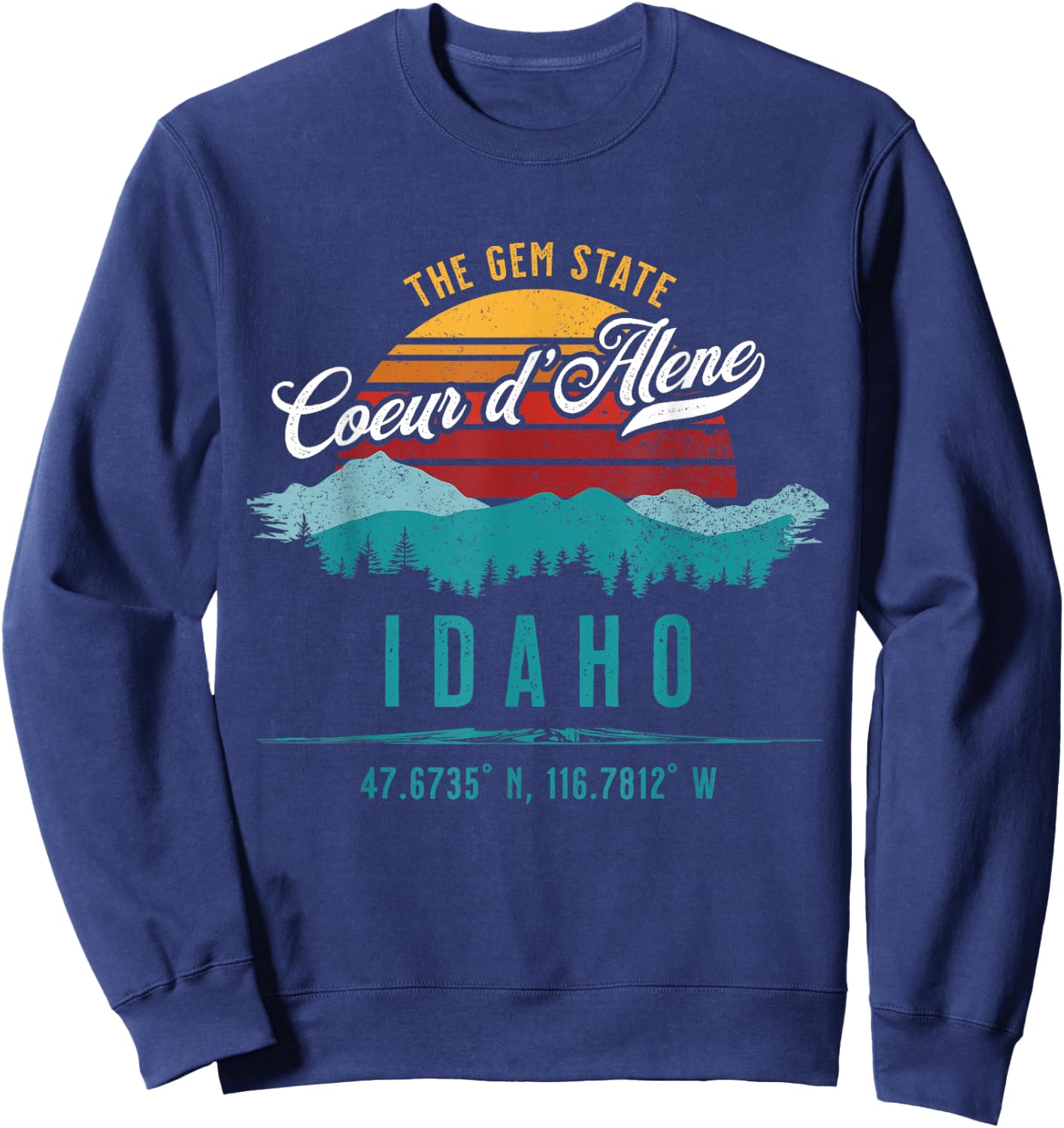 Retro Coeur d'Alene Idaho Mountains Sun Vintage Souvenir Sweatshirt - Sweatshirt | Navy