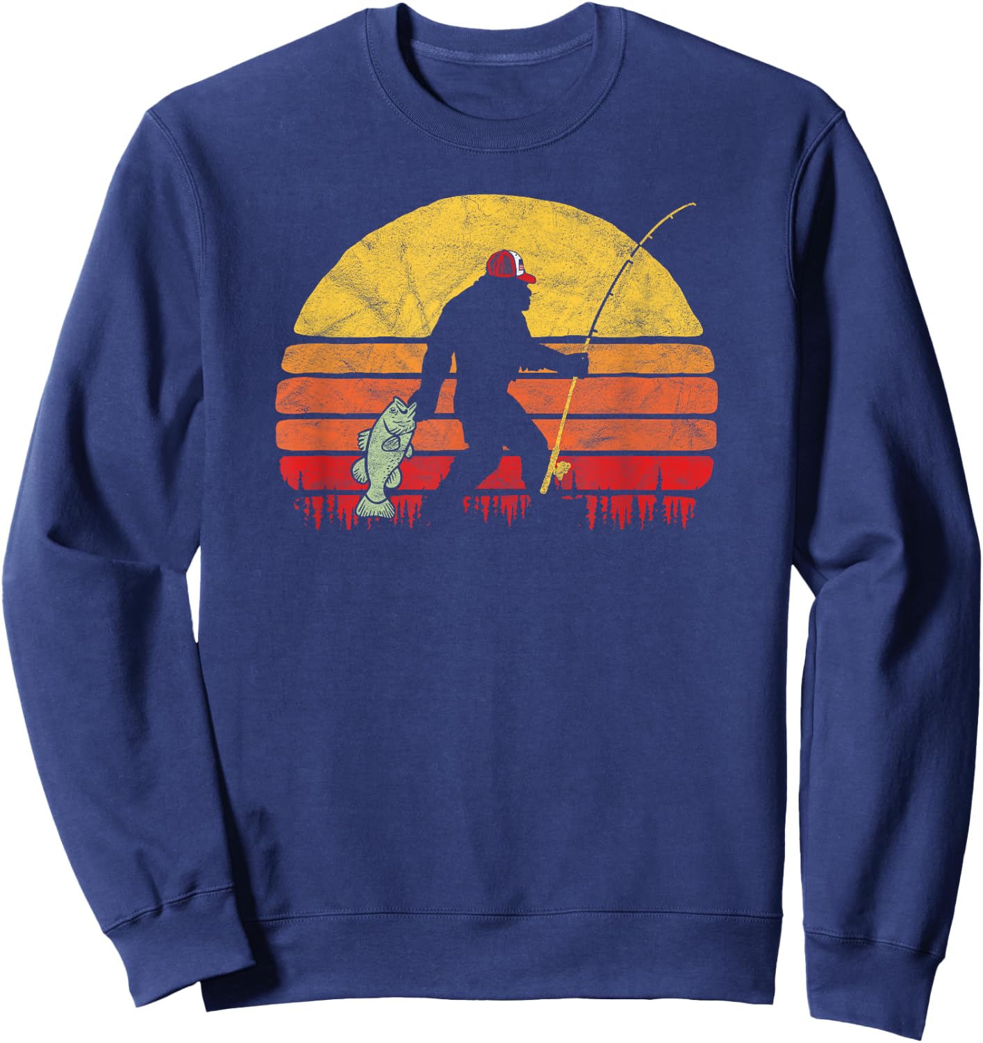 Bass Fishing Funny Bigfoot in Trucker Hat Retro Graphic Sweatshirt - Sweatshirt | Navy
