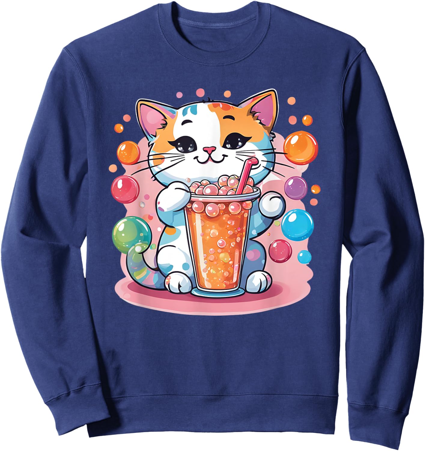 Cat Boba Tea Bubble Tea Anime Kawaii Neko Sweatshirt - Sweatshirt | Navy