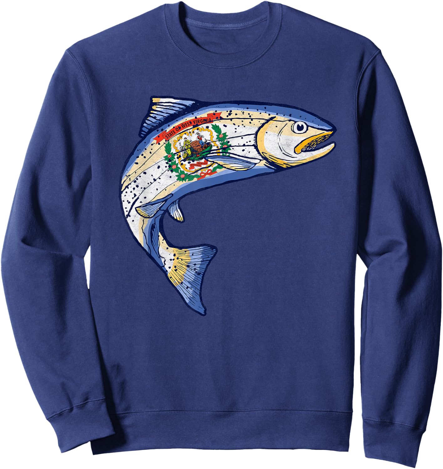 Retro West Virginia Flag Trout Vintage Fly Fishing Graphic Sweatshirt - Sweatshirt | Navy