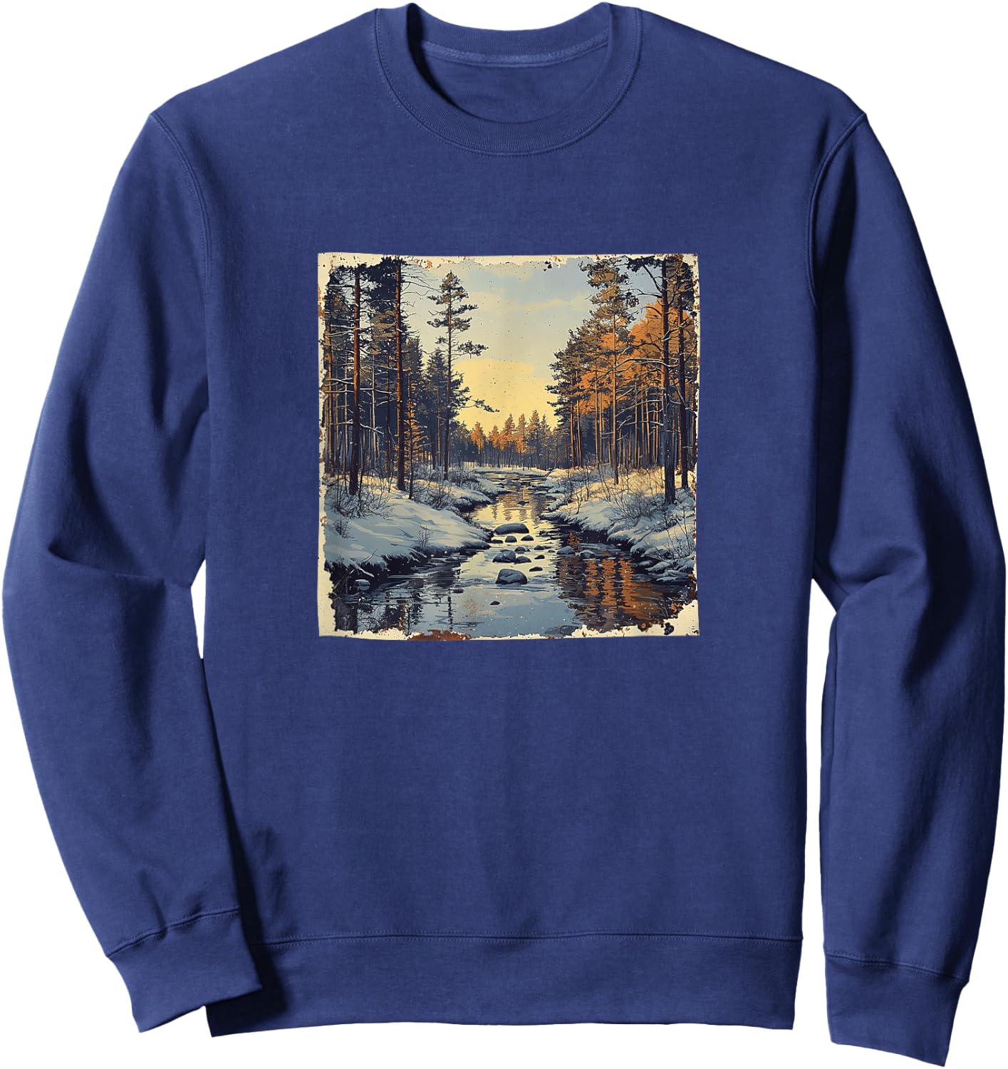 River In Winter Forest Vintage Landscape Graphic Sweatshirt - Sweatshirt | Navy