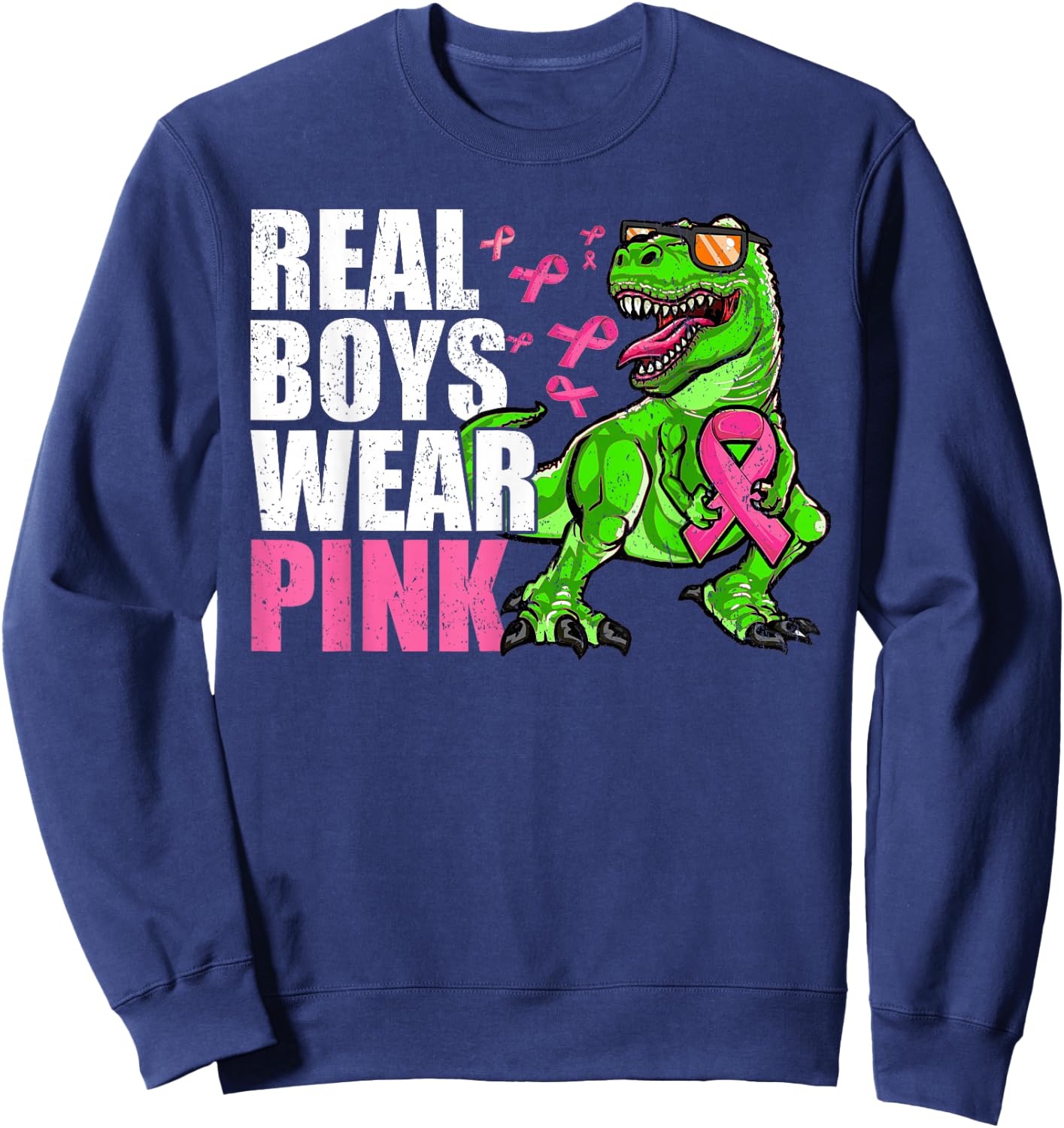 Youths Toddlers Breast Cancer Pink Ribbon Dinosaur Boys Kids Sweatshirt - Sweatshirt | Navy
