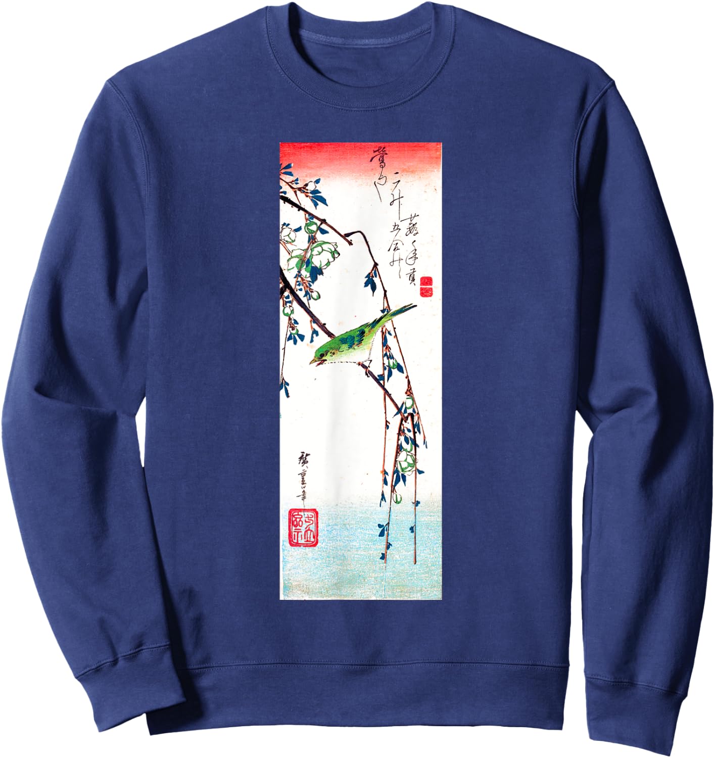 Japanese Art, Hiroshige Woodblock Art Design Warbler Sweatshirt - Sweatshirt | Navy