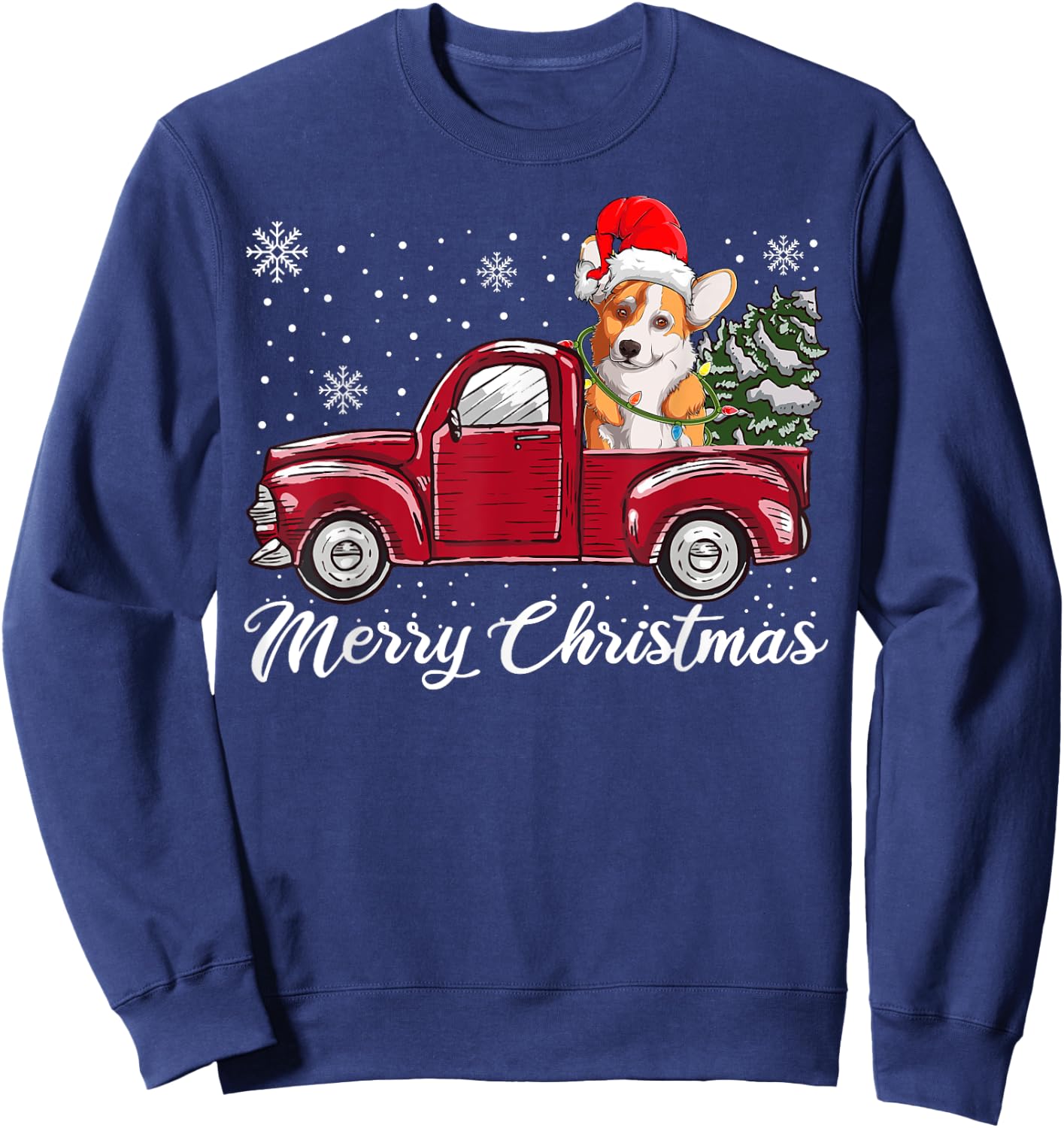 Merry Christmas Dog Sweater, Red Truck Welsh Corgi Pajama Sweatshirt - Sweatshirt | Navy