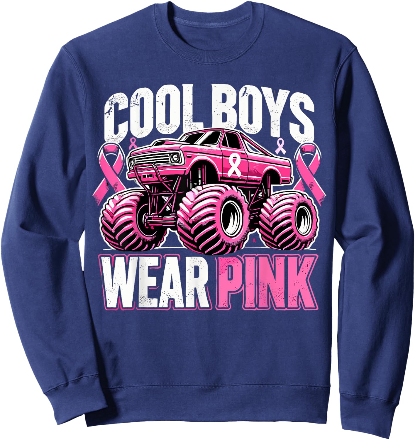 Monster Truck Breast Cancer Awareness Cool Boys Wear Pink Sweatshirt - Sweatshirt | Navy