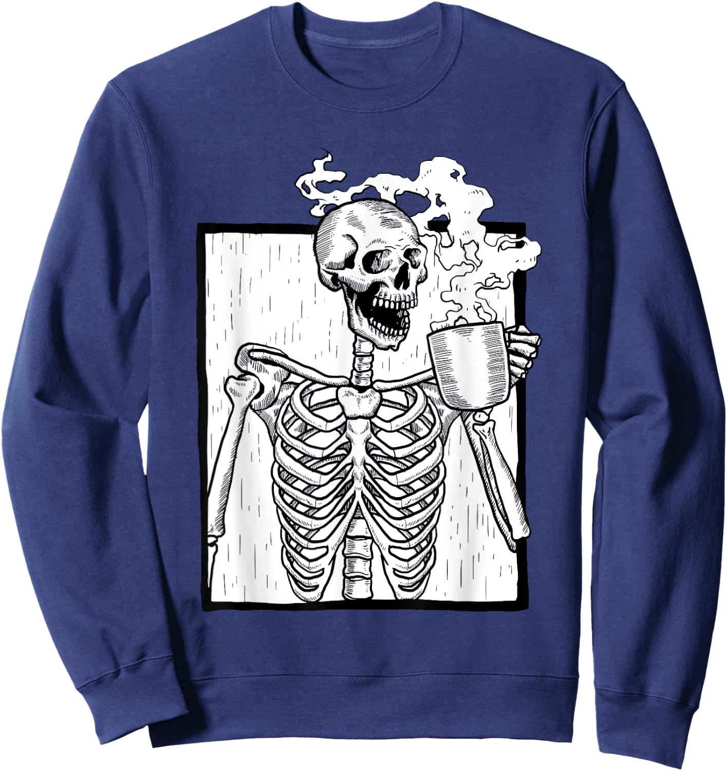 Halloween Coffee Drinking Skeleton Coffee Skull Sweatshirt - Sweatshirt | Navy