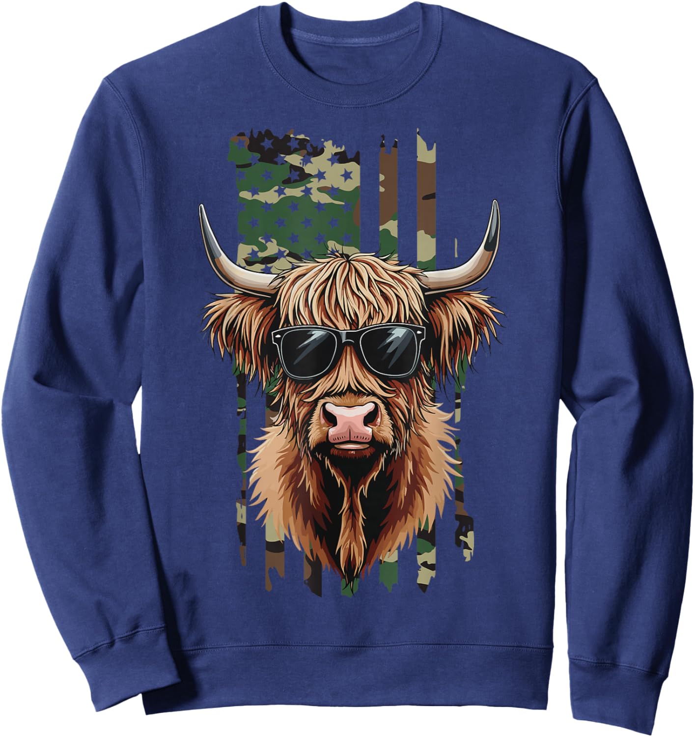 Highland Cow Camo American Flag, Patriotic Highland Cow Sweatshirt - Sweatshirt | Navy