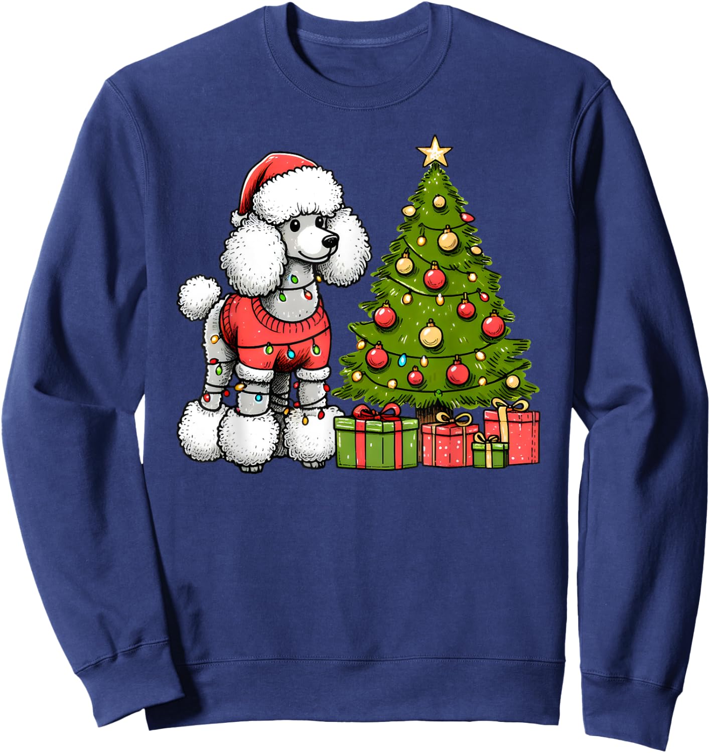 Merry Christmas Poodle Santa Christmas Lights Dog Xmas Tree Sweatshirt - Sweatshirt | Navy