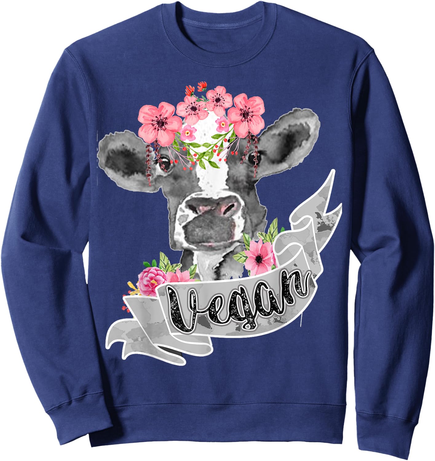 Vegetarian Humor Fashion Vegan Funny Cow With Flower Headband Gift Sweatshirt - Sweatshirt | Navy