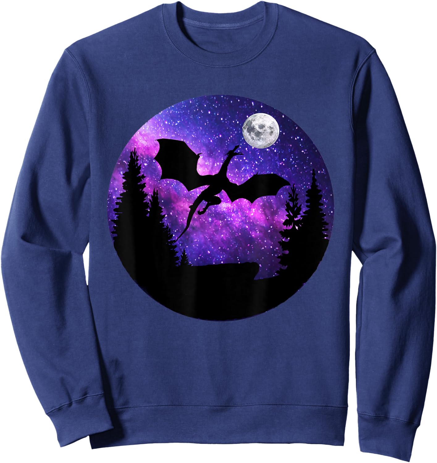 Dragon In Night Sky Full Moon Purple Galaxy Cosmic Art Sweatshirt - Sweatshirt | Navy