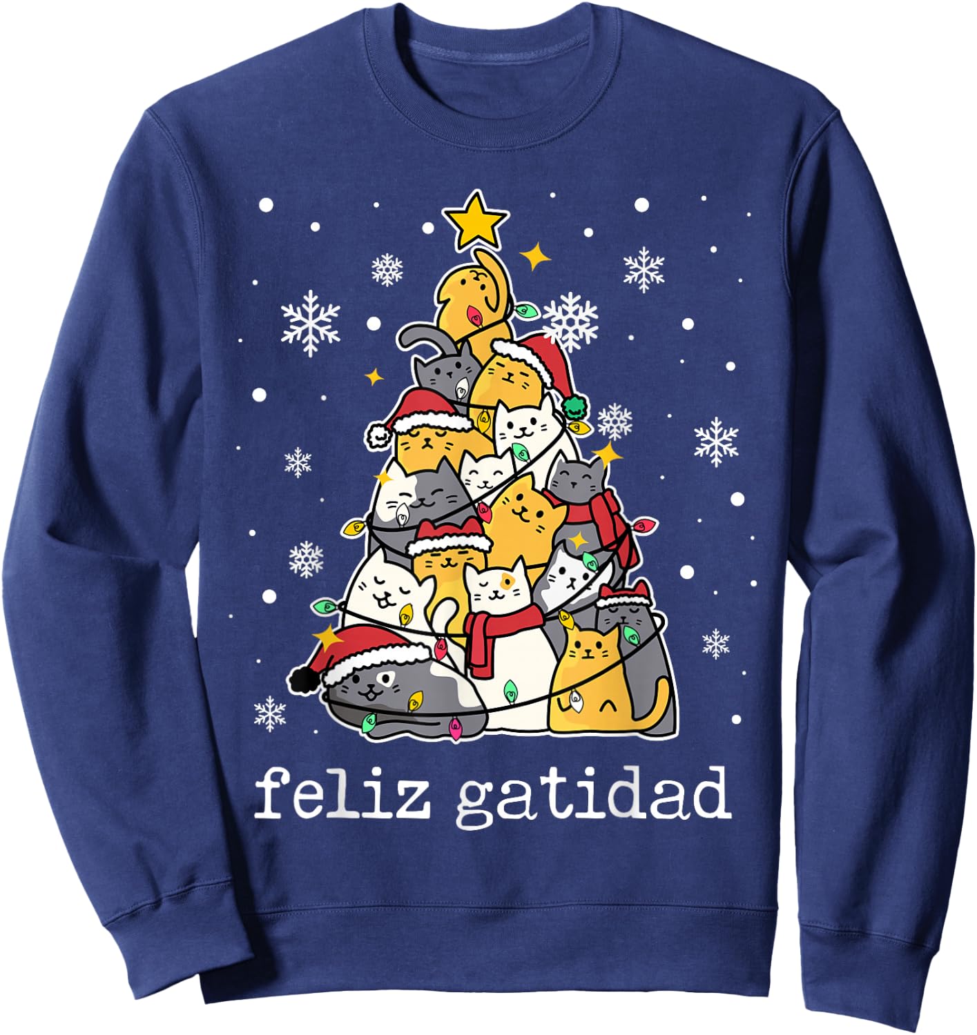 Feliz Navidad Cat Lover Xmas Tree Spanish Mexican Christmas Sweatshirt - Sweatshirt | Navy