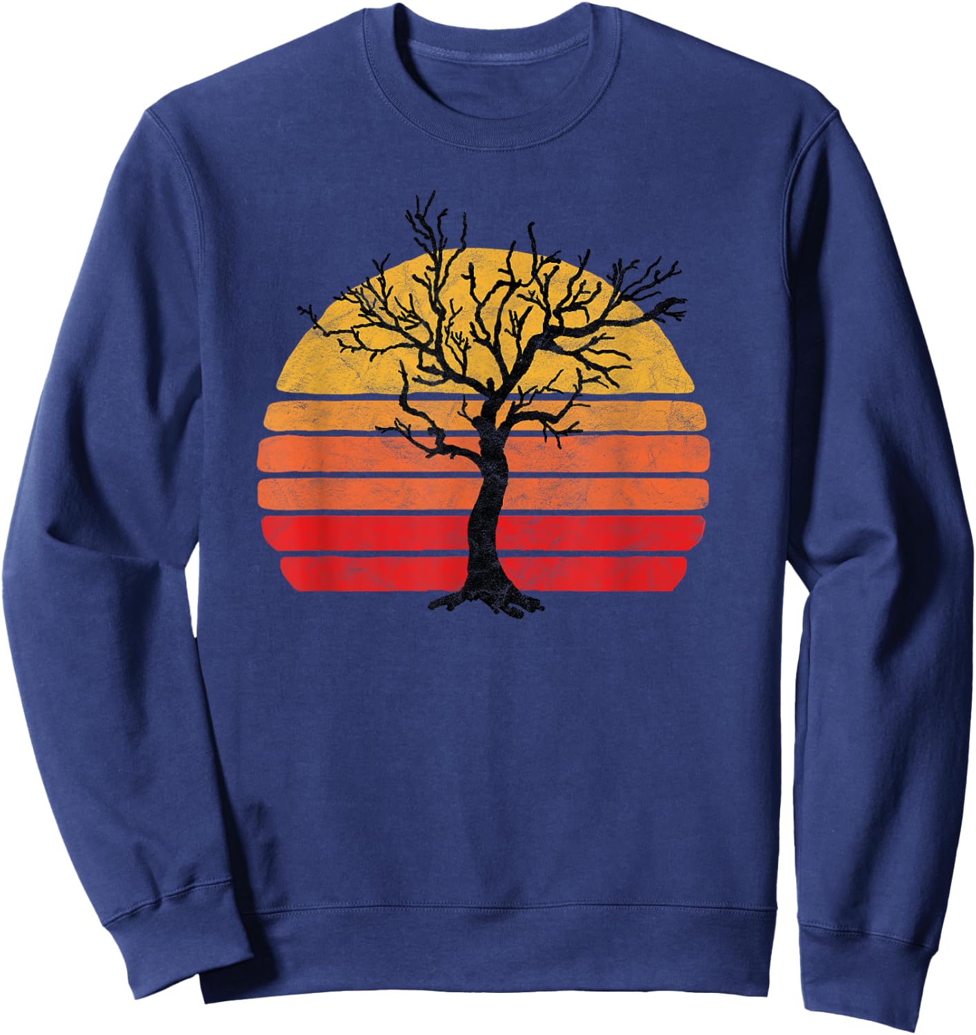 Retro Sun Minimalist Leafless Tree Design Graphic Sweatshirt - Sweatshirt | Navy