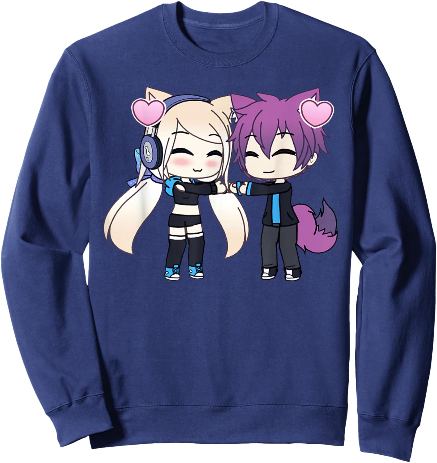 Cute Chibi Style Kawaii Anime Girl and Boy Couple and Hearts Sweatshirt - Sweatshirt | Navy