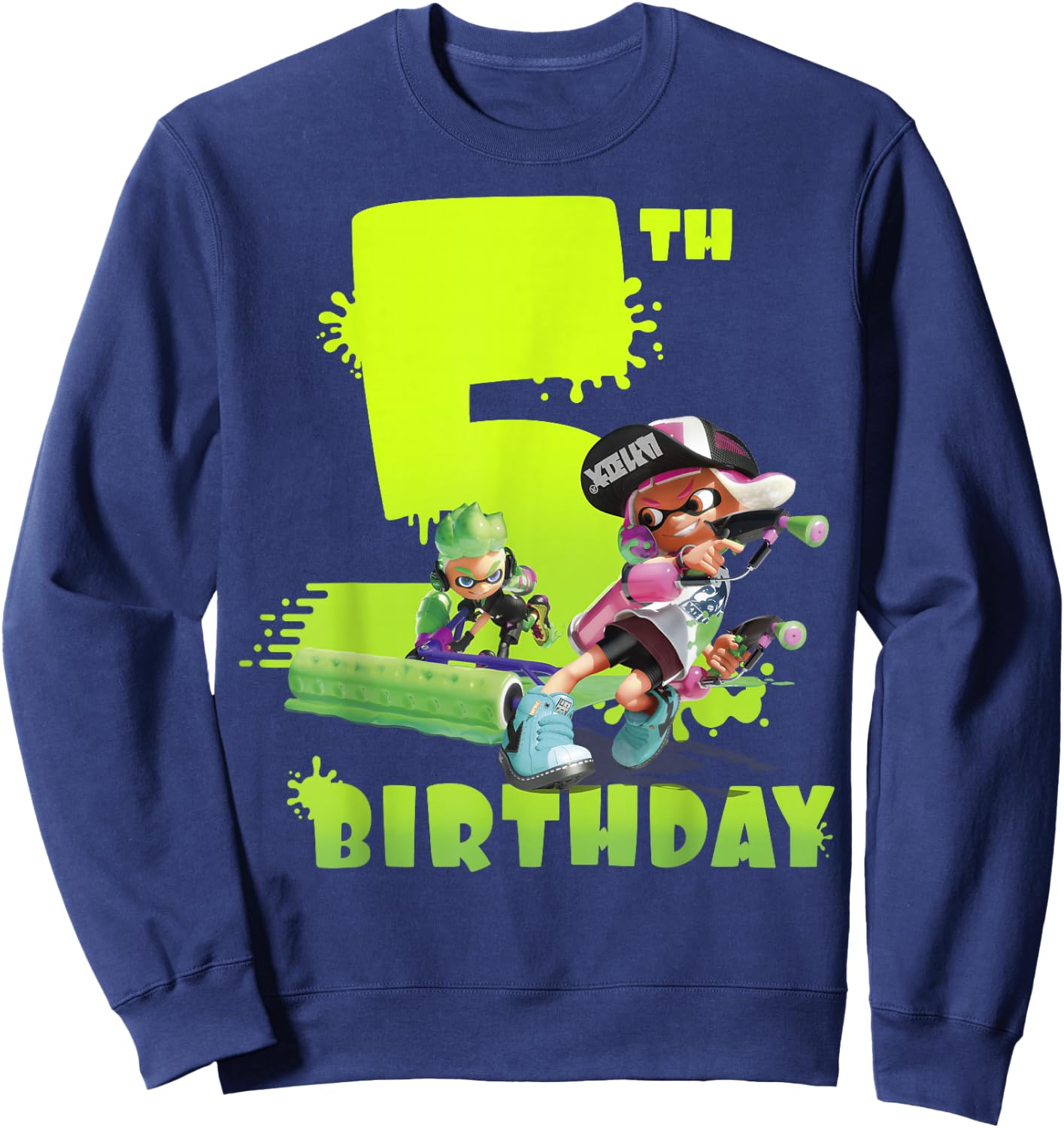 Splatoon Inkling 5th Birthday Green Splatter Portrait Sweatshirt - Sweatshirt | Navy