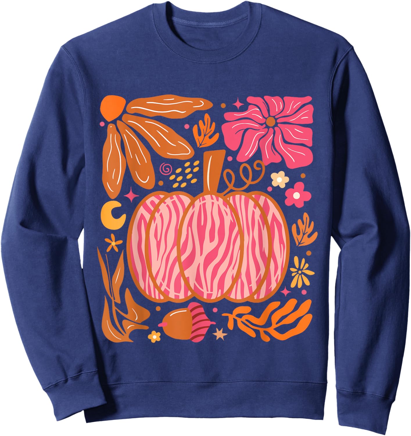 Leopard Pink Pumpkin Boho Floral Fall, Autumn Vibes Sweatshirt - Sweatshirt | Navy