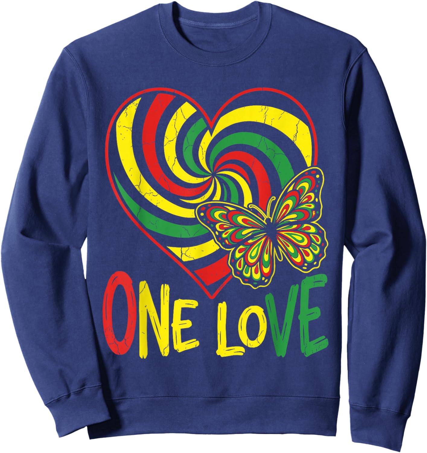 One Love Rasta Heart Butterfly Reggae Roots Jamaica Style Sweatshirt - Sweatshirt | Navy