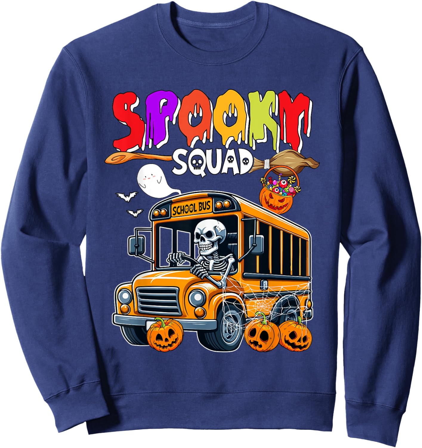 Spooky Halloween Squad Horror Skeleton Driving School Bus Sweatshirt - Sweatshirt | Navy