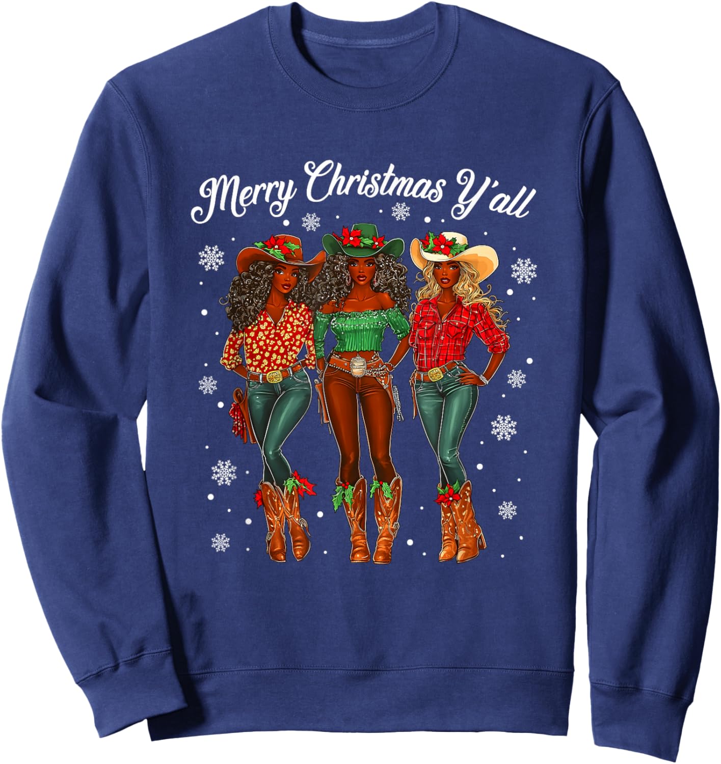 Merry Christmas Y'all Black Cowgirls African Christmas Xmas Sweatshirt - Sweatshirt | Navy