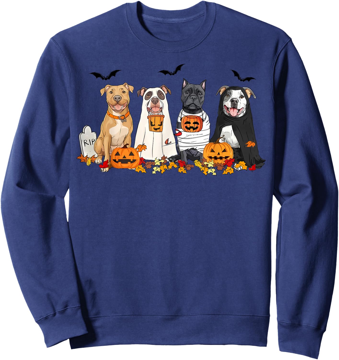 Pit Bull Dogs Ghost Witch Mummy Halloween Pumpkins Spooky Sweatshirt - Sweatshirt | Navy