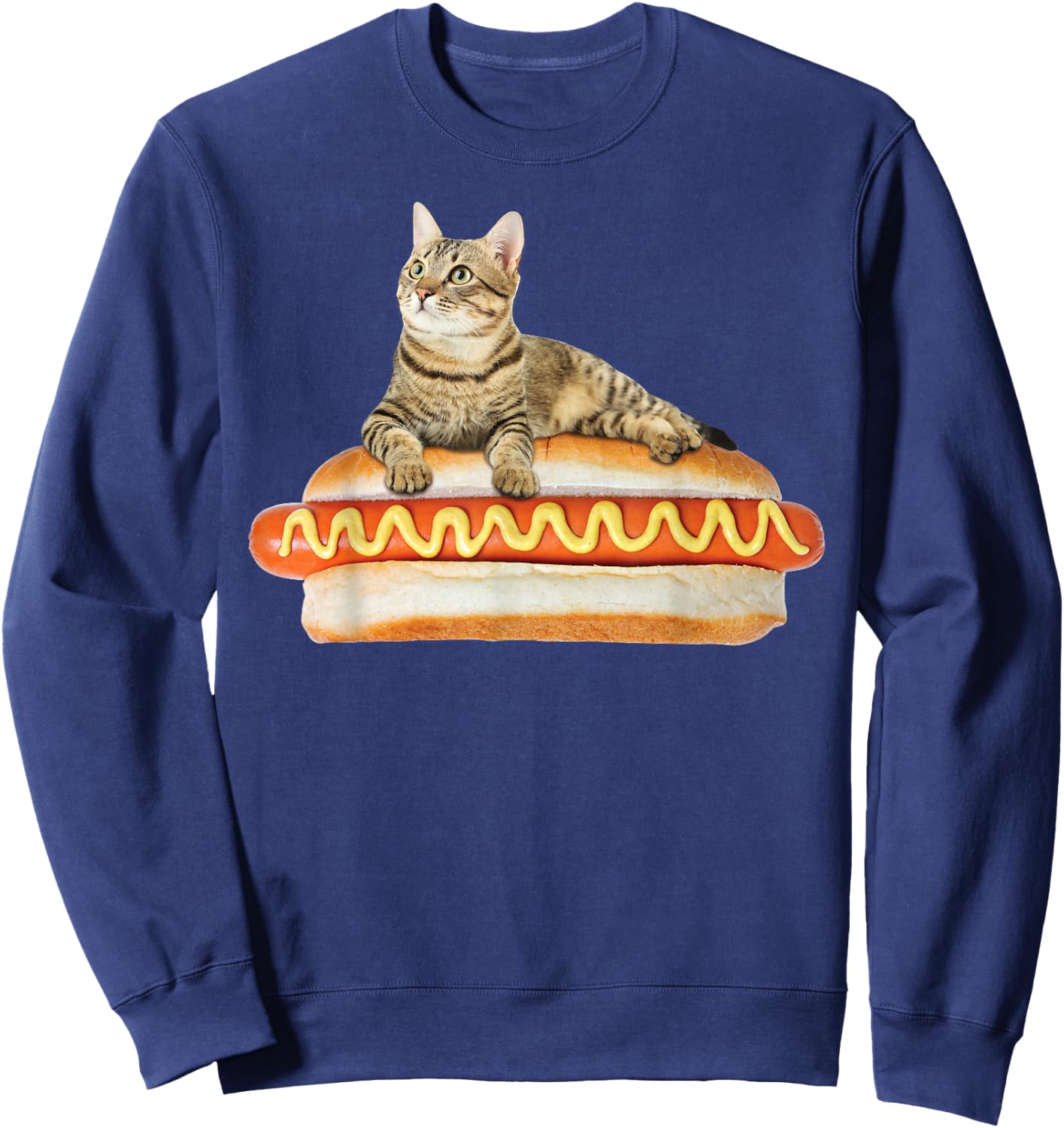 Funny Hot Dog Cat by Zany Brainy, Cute Kitty Food Sweatshirt - Sweatshirt | Navy