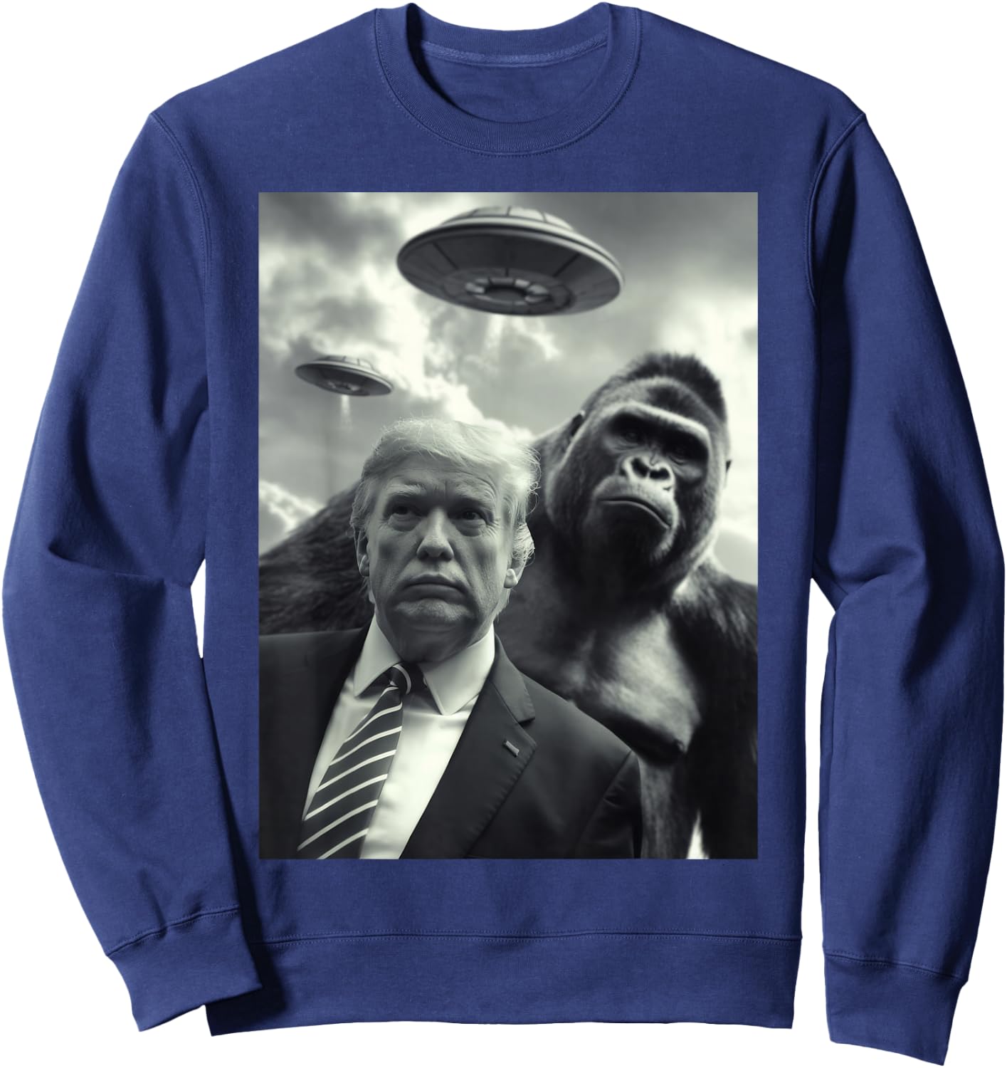Bigfoot and Trump Alien UFO Selfie Weird Funny Vintage Art Sweatshirt - Sweatshirt | Navy
