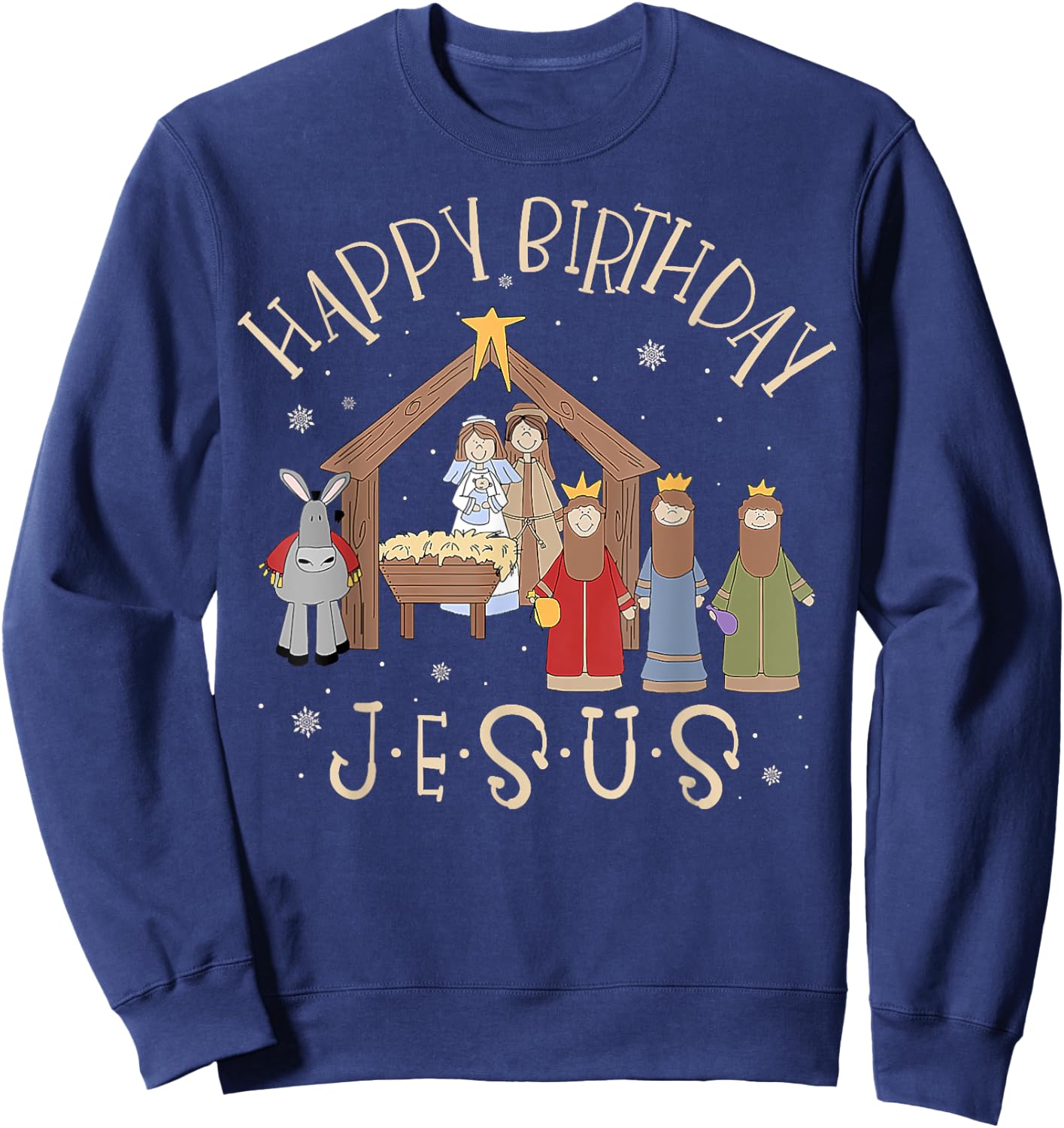 Merry Christmas -Christian Family Group Children Nativity Happy Birthday Jesus Christmas Nativity Christian Black Small Short Sleeve Cotton Blend Sweatshirt - Sweatshirt | Navy