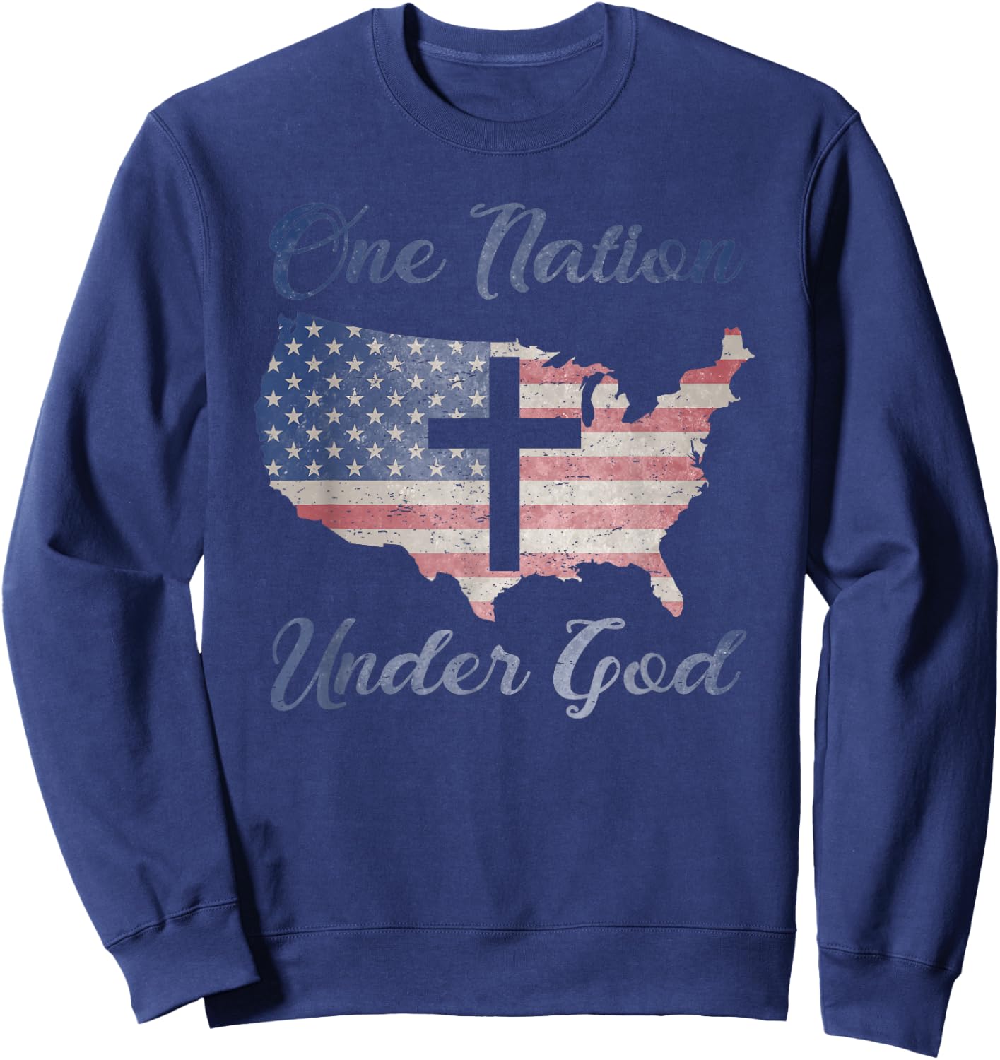 ONE NATION UNDER GOD Christian Cross American Flag USA Map Sweatshirt - Sweatshirt | Navy