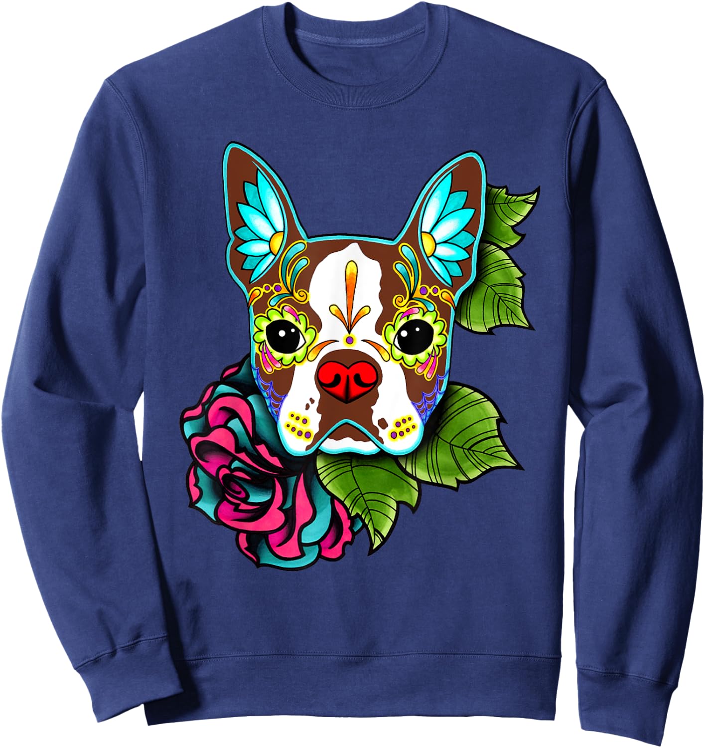 Boston Terrier in Red - Day of the Dead Sugar Skull Dog Sweatshirt - Sweatshirt | Navy