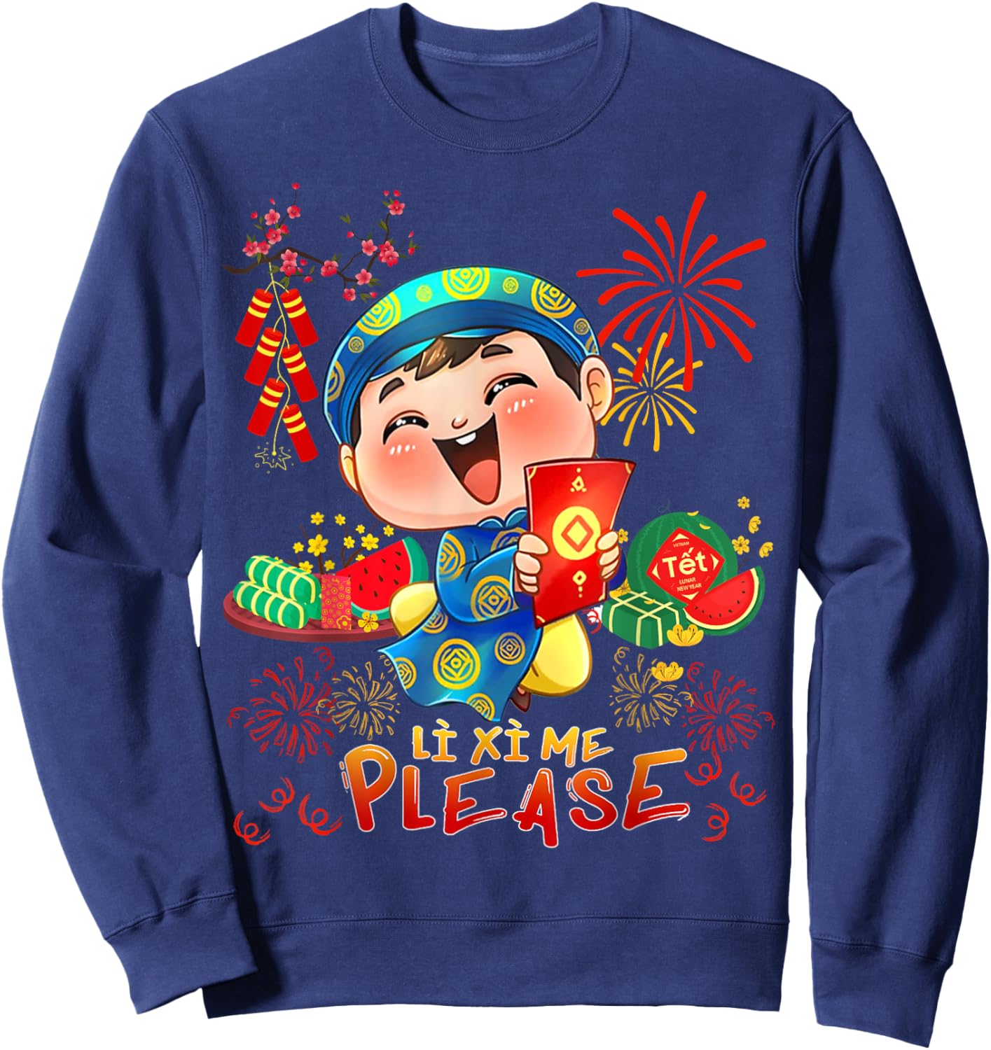 Boy Wearing Ao Dai Li Xi Me Happy Vietnamese Lunar New Year Sweatshirt - Sweatshirt | Navy