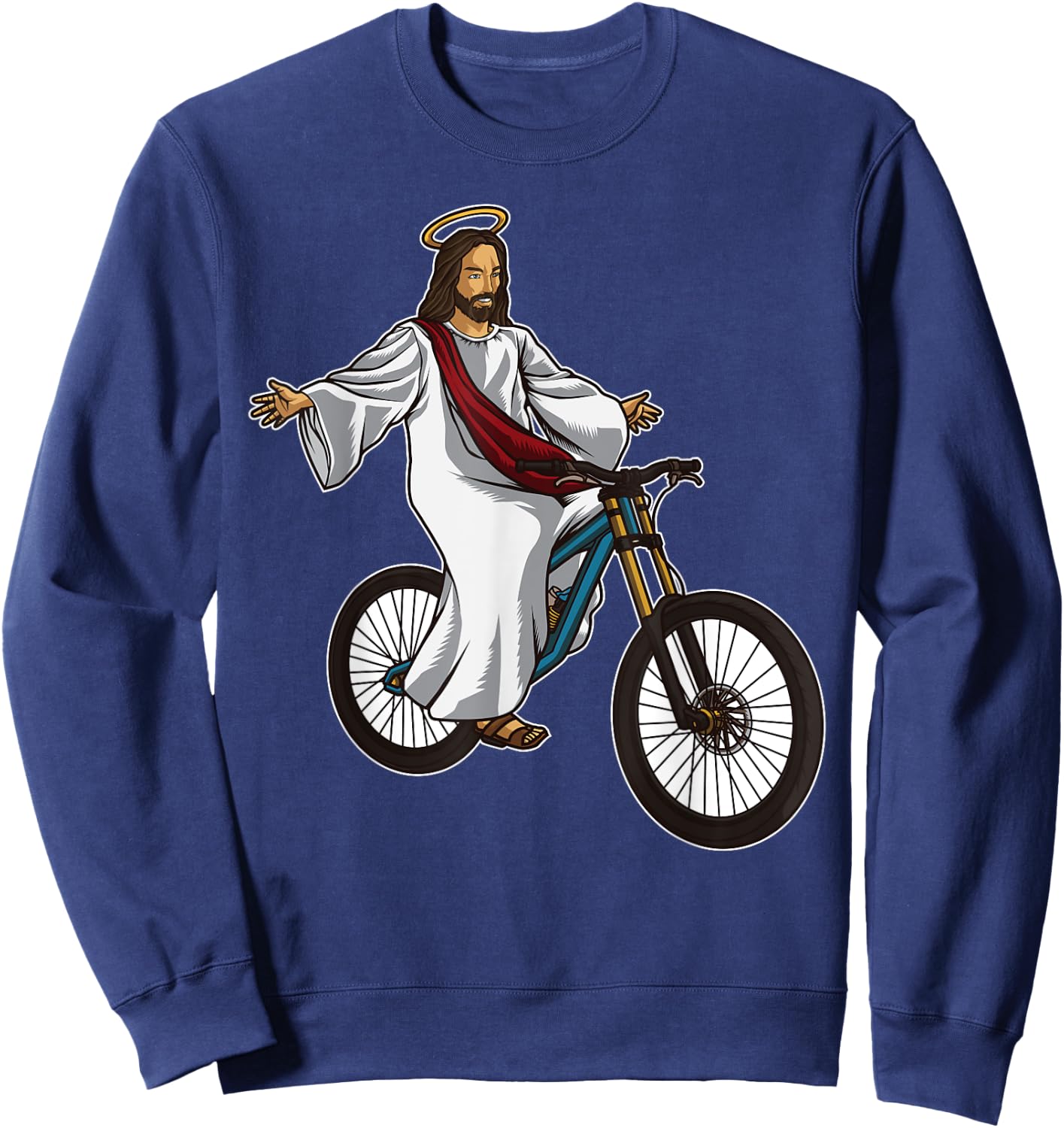 Funny Jesus Bicycle Illustration Riding a Mountainbike Sweatshirt - Sweatshirt | Navy