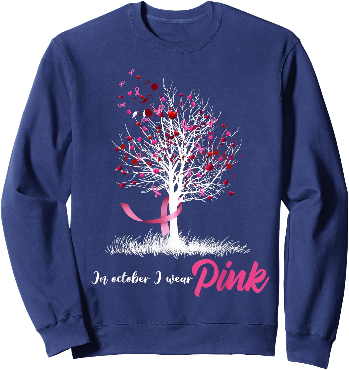 In October We Wear Pink Tree Breast Cancer Awareness Sweatshirt - Sweatshirt | Navy