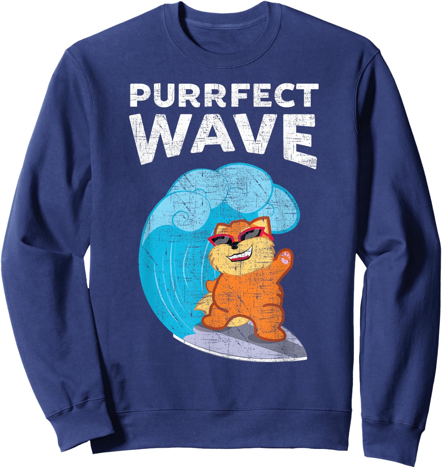 Purrfect Wave Cool Retro Vintage Cat Surf design Men Women Kids Sweatshirt - Sweatshirt | Navy