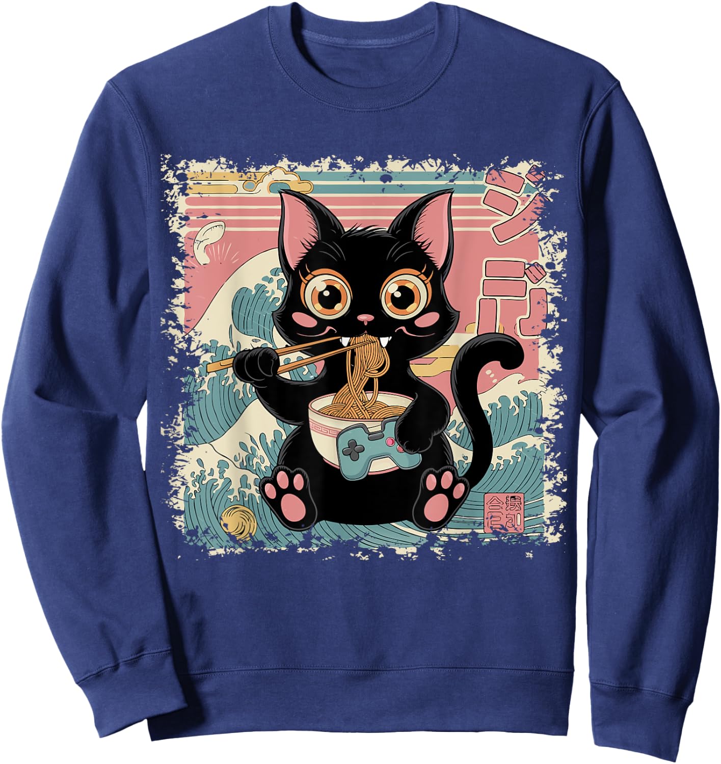 Cat Ramen Gaming Japanese Funny Graphic Kawaii Cat Anime Sweatshirt - Sweatshirt | Navy