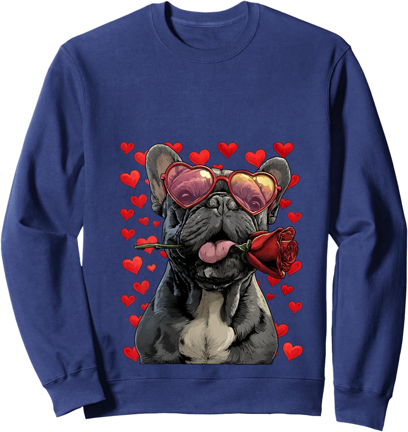 French Bulldog with Heart Glasses Rose Valentine's Day Dog V-Neck Sweatshirt - Sweatshirt | Navy
