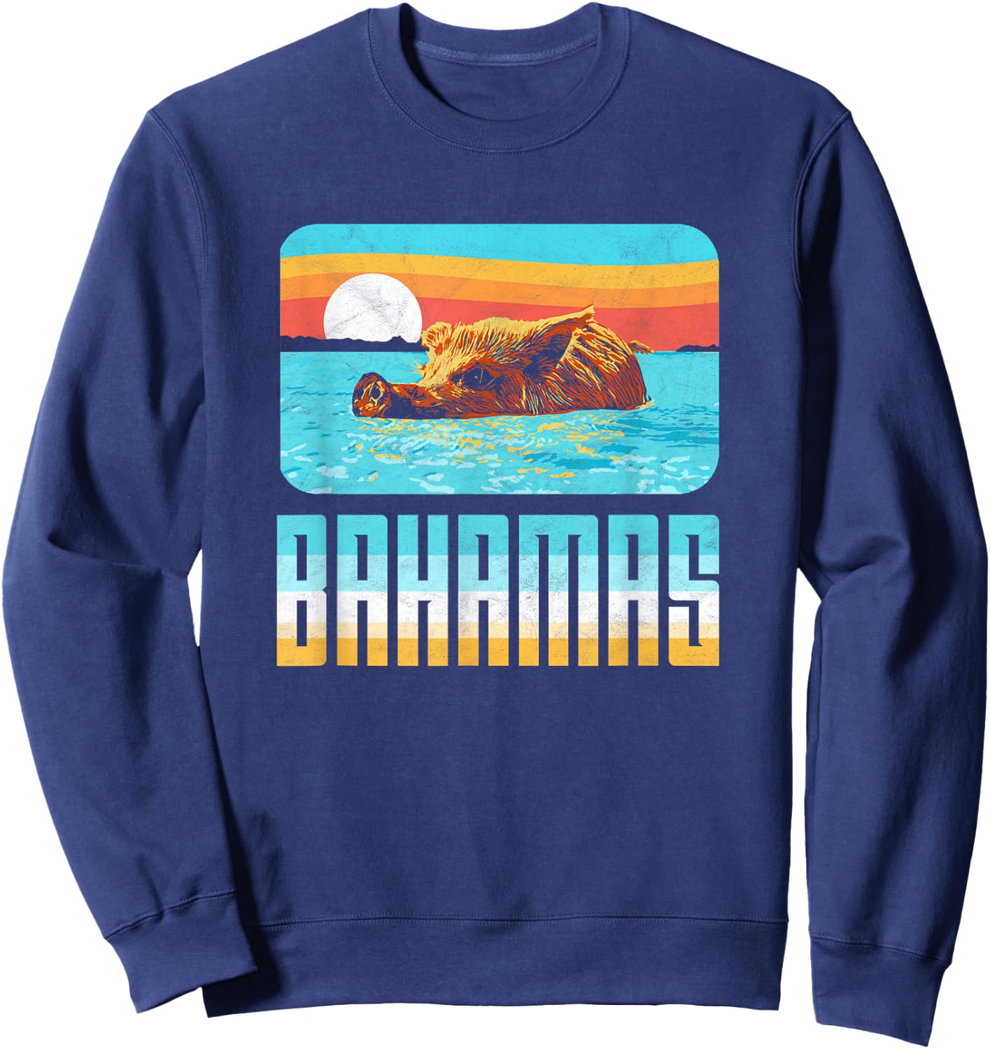 Retro Bahamas Swimming Pig Funny Vintage Feral Hog Beach Sweatshirt - Sweatshirt | Navy