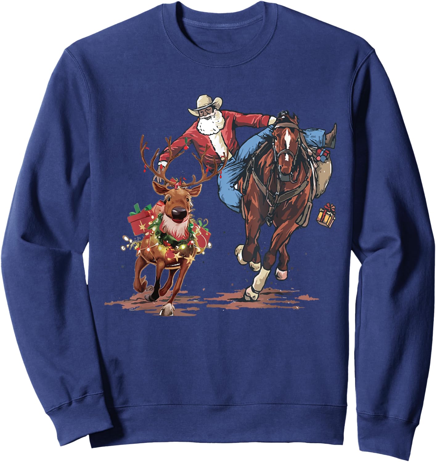Cowboy Santa Riding Horse Reindeers Christmas Sweatshirt - Sweatshirt | Navy