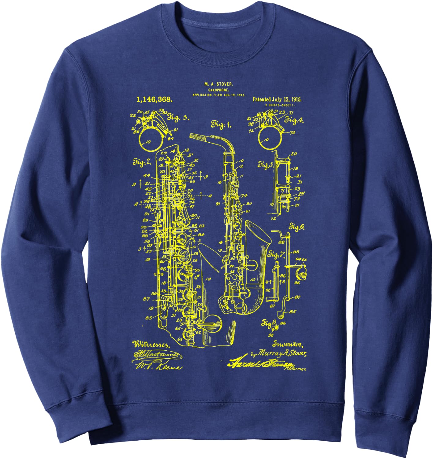 Saxophone Old Vintage Patent Drawing Print Saxophone Sweatshirt - Sweatshirt | Navy